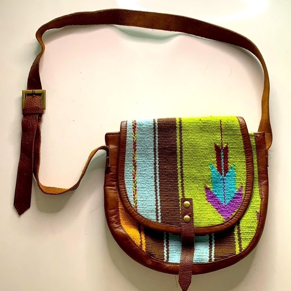 Bohemian tapestry cotton leather Crossbody Woven bag o/S multi color purse